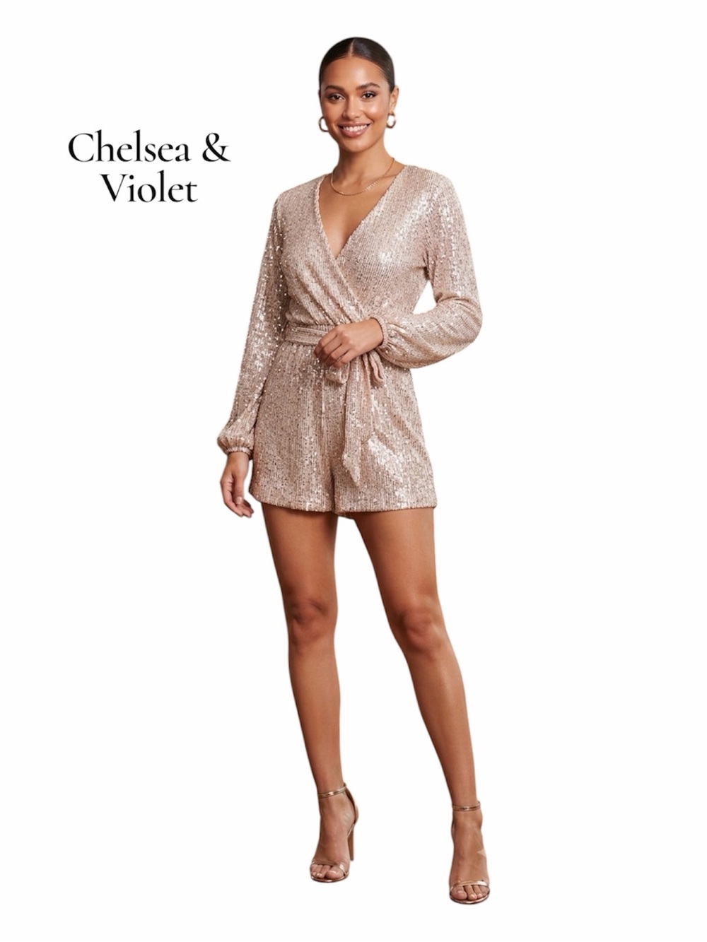 Chelsea & Violet Sequin Wrap Romper Champagne Gold Long Sleeve NWT M